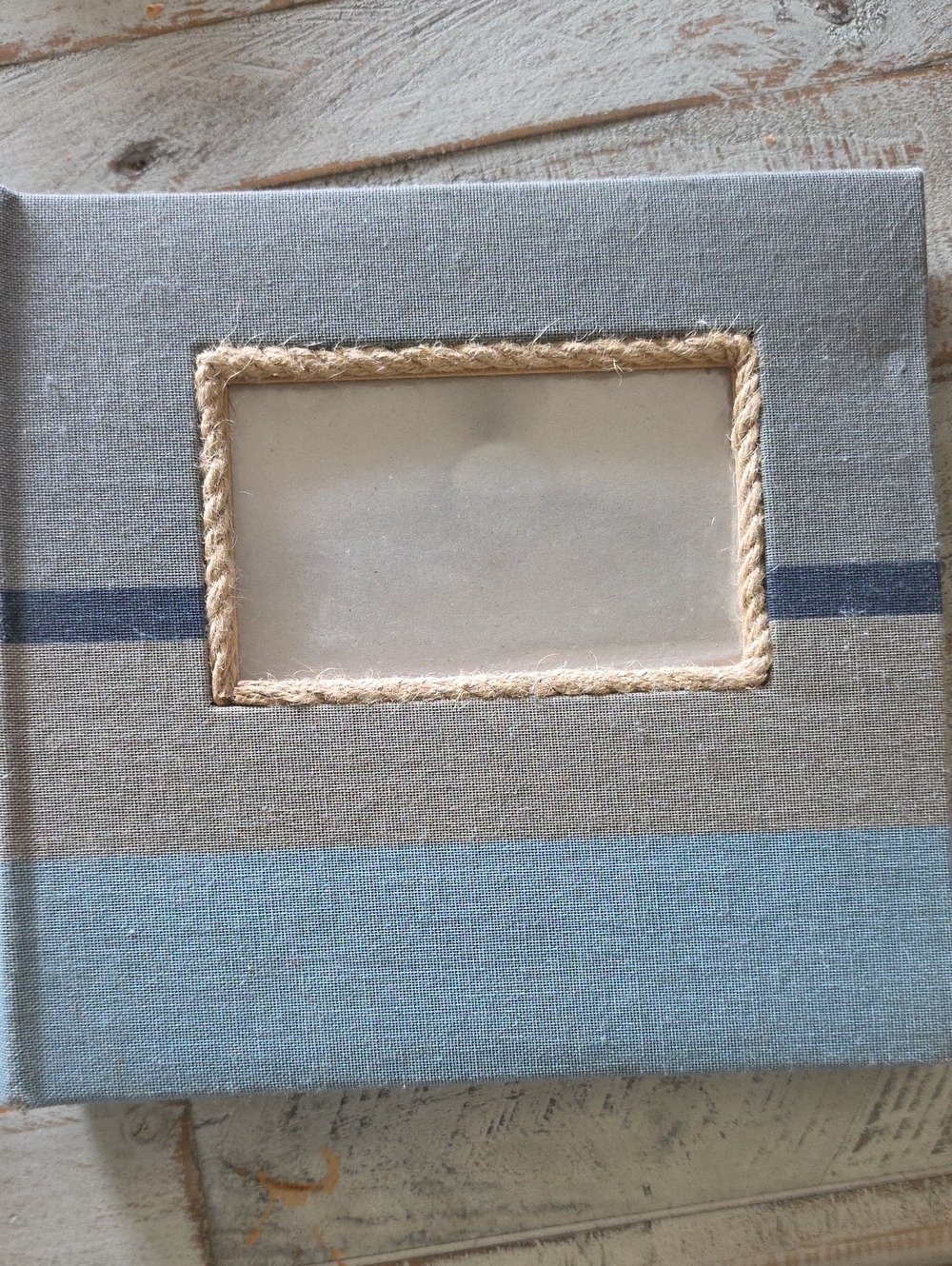 Striped Linen Photo Album in Blue and Gray with Rope Frame